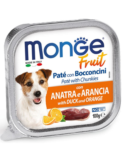 MONGE Fruit Dog Hrana umeda pentru caini, pate cu rata si portocala 100g