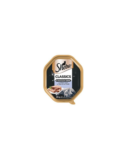 SHEBA Classics in Pastete Hrana umeda pentru pisici adulte, pate cu vitel si pui 44 x 85g (30 + 14 gratis)