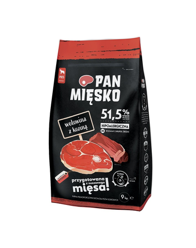 PAN MIĘSKO Hrana uscata pentru caini adulti talie medie, cu vita si capra 9 kg