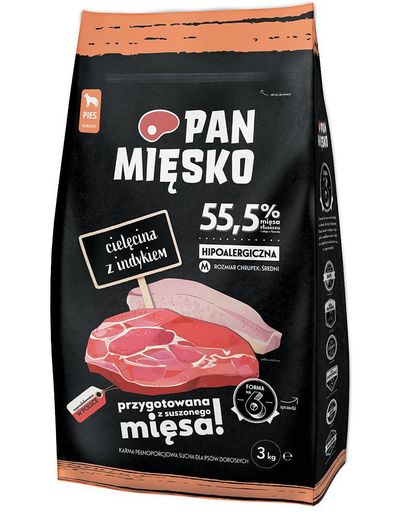 PAN MIĘSKO Hrana uscata pentru caini adulti talie medie, cu vitel si curcan 3 kg