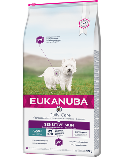 EUKANUBA Daily Care Adult Sensitive Skin All Breeds hrana uscata caini adulti 12 kg