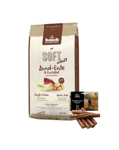 BOSCH Soft Hrana uscata cu rata & cartofi 12,5 kg + recompense sticks cu rata 7 buc