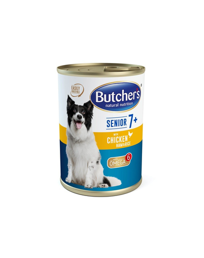 BUTCHER'S Blue+ Senior Hrana umeda pentru caini seniori, pate cu pui, sunca si orez