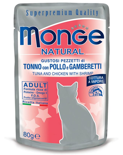MONGE hrană umedă pentru pisici, cu ton, creveți și pui 80 g