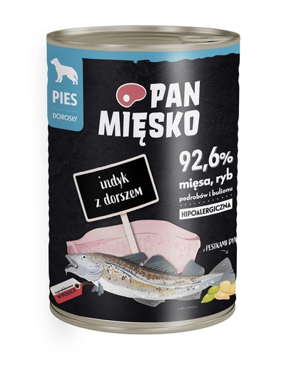 PAN MIĘSKO Conserva hrana umeda hipoalergenica caini, cu carne de curcan si cod  400g