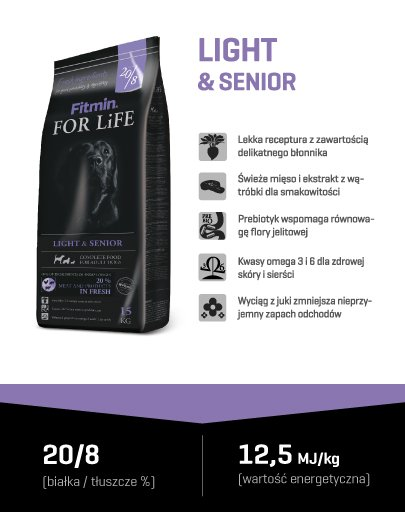FITMIN For Life Hrana uscata caini seniori/supraponderali, cu carne de pasare 15 Kg