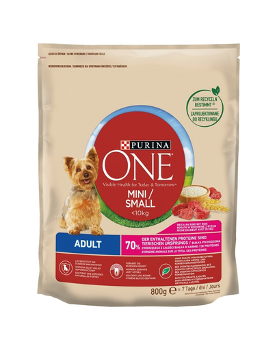 PURINA ONE Mini/Small  Hrana uscata pentru caini adulti, bogata in vita si orez 800 g