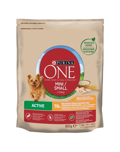 PURINA ONE Mini / Small Active Hrana uscata pentru caini adulti de talie mica, bogata in pui si orez 800 g