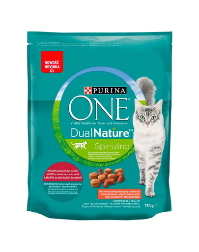 PURINA ONE Dual Nature Spirulina Sterilcat Hrana uscata pentru pisici adulte sterlizate, bogata in carne de vita  750 g