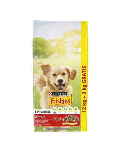 FRISKIES Active Hrana uscata pentru caini adulti activi, cu vita 12 kg + 3 kg GRATIS