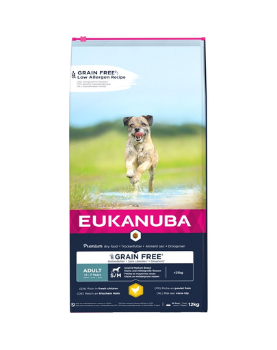 EUKANUBA Adult Grain Free S/M rase medii/mari 12 kg hrana caini adulti