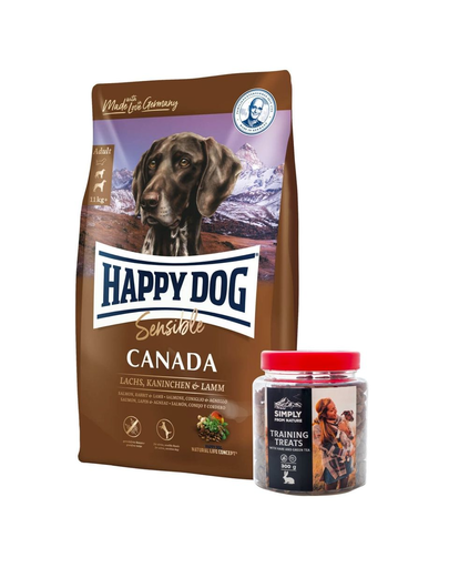 HAPPY DOG Supreme Canada hrana uscata caini adulti cu cerinte energetice mari 12.5 kg + Recompense cu carne de iepure si ceai verde 300 g