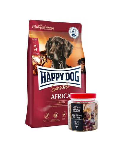 HAPPY DOG Supreme africa Hrana uscata caini cu intolerante alimentare, cu strut 12.5 kg + SIMPLY FROM NATURE Recompense cu vanilie si carne de strut 300 g