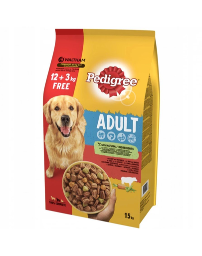 PEDIGREE Adult cu vita si legume (12+3kg) hrana uscata caini adulti