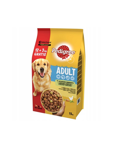 PEDIGREE Adult cu pui si legume (12+3kg) hrana uscata caini adulti