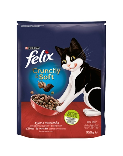 FELIX Crunchy & Soft Sucha Hrana uscata pentru pisici, amestec de pui, vita si legume 950 g
