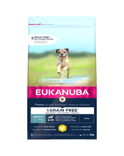 EUKANUBA Adult Grain Free S/M rase medii/mari 3 kg hrana caini adulti
