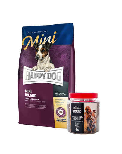 HAPPY DOG Mini Ireland hrana uscata caini adulti cu alergii talie mica 8 kg + recompense caini, cu carne de iepure 300 g