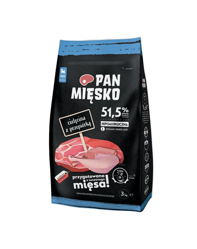 PAN MIĘSKO Hrana uscata caini junior talie mica, cu vitel si prepelita 3 kg