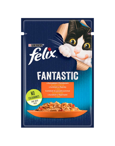 FELIX FANTASTIC Hrana umeda cu pui si rosii in jeleu pentru pisici adulte 85g