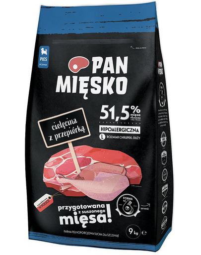 PAN MIĘSKO Hrana uscata caini junior talie mare, cu vitel si prepelita 20 kg