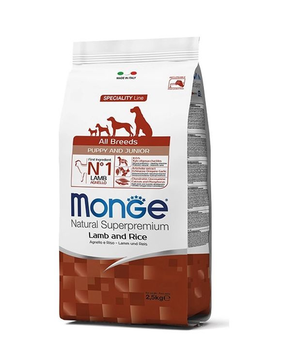 MONGE Puppy&Junior hrana uscata pentru catelusi de toate rasele, cu miel, orez si cartofi 2,5 kg