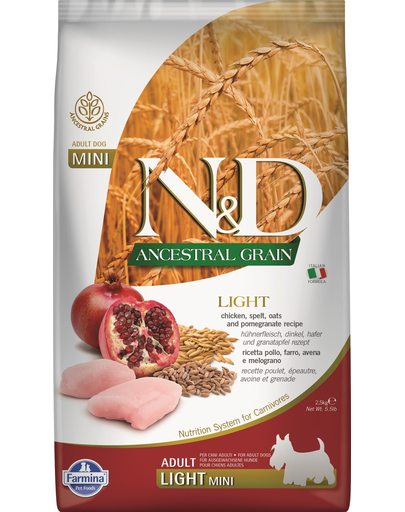 FARMINA N&D Ancestral Grain Ancestral Dog light chicken & pomegranate Hrana caini talie mica, cu pui si rodie 2,5 kg