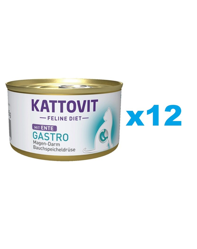 KATTOVIT Feline Diet Gastro Duck hrana umeda dietetica pentru pisici cu afectiuni gastrointestinale, cu rata  12 x 85 g