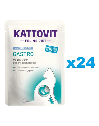 KATTOVIT Feline Diet Gastro hrana umeda dietetica pentru pisici cu afectiuni gastrointestinale, rata si orez  24 x 85 g