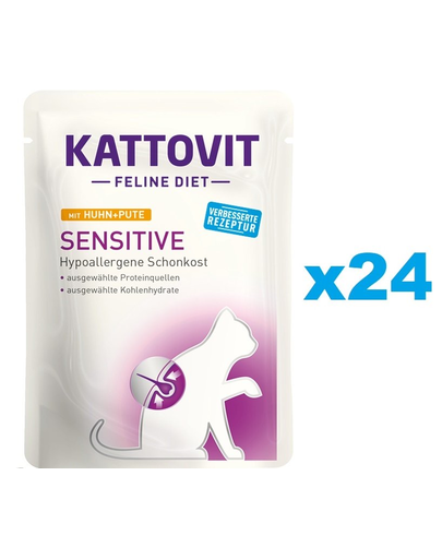 KATTOVIT Feline Diet Sensitive hrana umeda dietetica pentru pisici cu alergii alimentare, pui si curcan  24 x 85 g