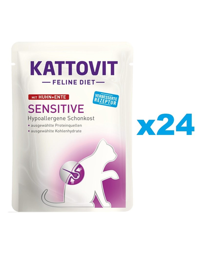 KATTOVIT Feline Diet Sensitive hrana umeda dietetica pentru pisici cu alergii alimentare, cu pui si rata 24 x 85 g
