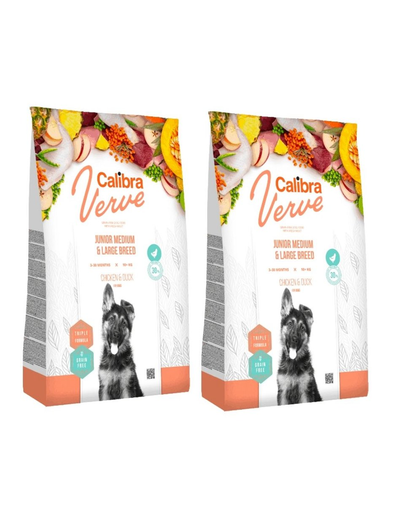CALIBRA Dog Verve GF Junior Medium Large Chicken&amp;amp;Duck hrana uscata fara cereale pentru caini juniori de talie medie/mare 24 kg (2 x 12 kg)