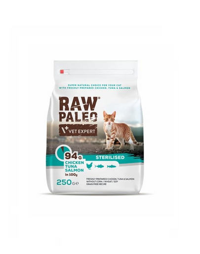 VETEXPERT Raw Paleo Sterilised Chicken&Tuna&Salmon Hrana uscata pisici sterilizate, cu pui, ton si somon 250 g
