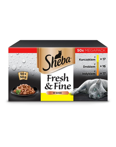 SHEBA Fresh&Fine 50x50 g plicuri in sos pentru pisici, cu pui, pasari de curte si curcan