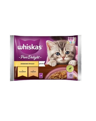 WHISKAS Pure Delight Junior hrana pisoi 4x85g tocanita pui si curcan in aspic
