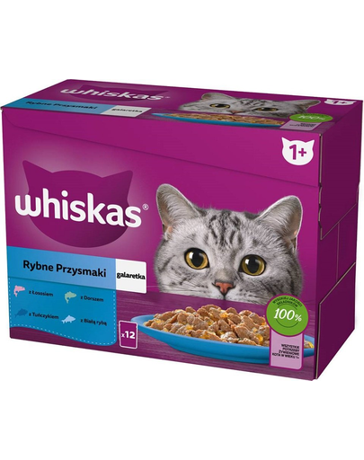 WHISKAS hrana in aspic pentru pisici 12x85g Delicatese din peste alb, cod, somon, ton