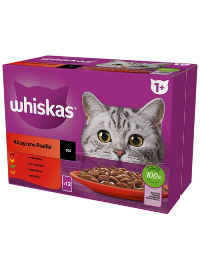 WHISKAS Adult hrana umeda plicuri 12x85 g pentru pisici Classic Meals carne de vita, pui, miel, pasare in sos