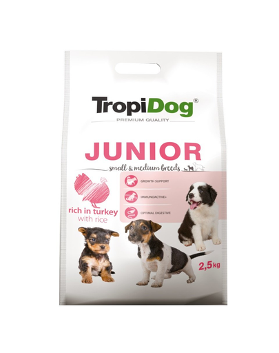 TROPIDOG Premium Junior S&M curcan si orez 2,5 kg hrana uscate pentru pui de rasa mica si medie