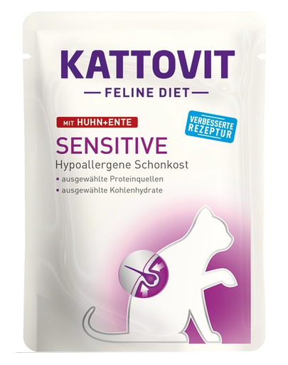 KATTOVIT Feline Diet Sensitive hrana umeda dietetica pentru pisici cu alergii alimentare, cu pui si rata 85 g