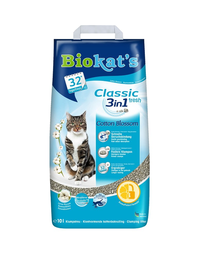 BIOKAT\'S Classic 3in1 Fresh cotton blossom 10 L nisip pentru pisici, din bentonita cu parfum de bumbac