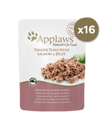 APPLAWS Cat Pouch hrana umeda pentru pisici, cu ton si somon in jeleu 16 x 70 g