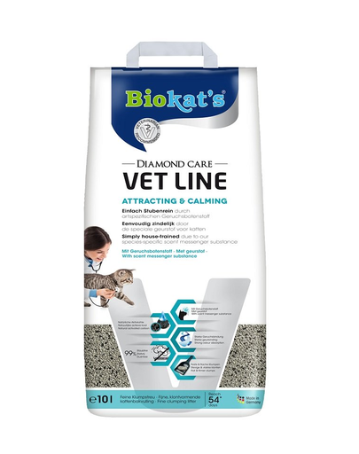 BIOKAT'S Diamond Care Vet Line Attracting&Calming 10 L nisip pentru pisici, din bentonita cu efect de calmare si atragere
