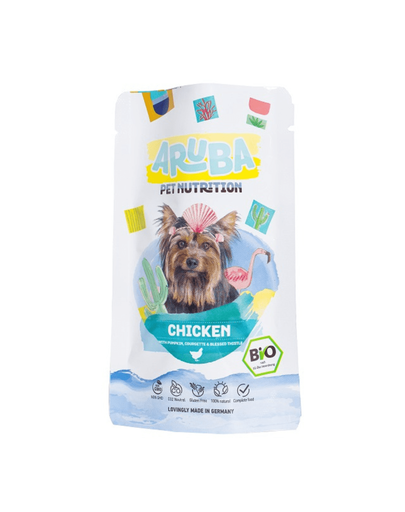 ARUBA Dog Organic hrana umeda caini, pui bio cu dovleac, dovlecei si ciulin de lapte 100 g