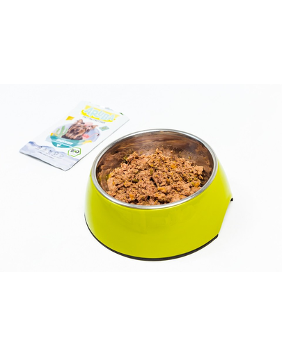 ARUBA Dog Organic hrana umeda caini, pui bio cu dovleac, dovlecei si ciulin de lapte 100 g