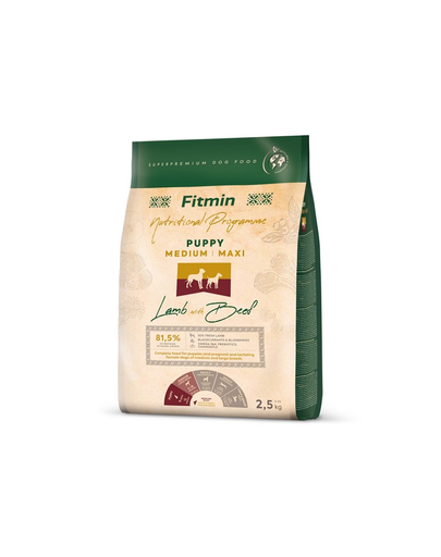 FITMIN Dog Nutritional Programme Medium Maxi Puppy Lamb&Beef 2,5 kg Hrana catei talie medie si mare, cu miel si vita