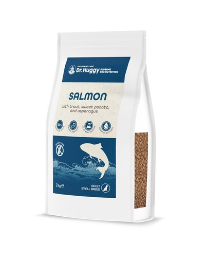 DR HUGGY Supreme Dog Nutrition Hrana uscata caini, cu somon, pastrav, igname si spanac 2kg