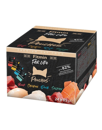 FITMIN For Life Cat Pouch Multipack 24x85g Plicuri hrana pisici, cu vita, rata, pui si somon in sos