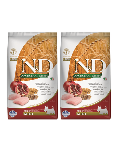 FARMINA N&D Ancestral Grain Dog Chicken, Spelt, Oats and Pomegranate Senior Mini 2 x 2.5 kg hrana caini senior talie mica, cu pui si ovaz
