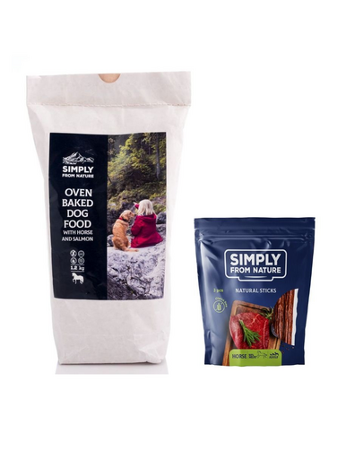 SIMPLY FROM NATURE Hrana uscata pentru caini, coapta la cuptor, cu somon si carne de cal 1,2 kg + Sticks recompense pentru caini, carne de cal 3 buc.