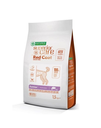 NATURES PROTECTION SUPERIOR CARE Red Coat Grain Free Salmon Junior Small Breed 1,5 kg cu somon pentru catei de rasa mica cu blana rosie